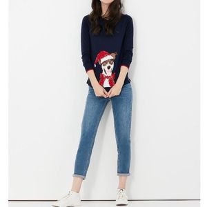 Joules Womens Miranda Festive Intarsia Long Sleeve Holiday Dog Santa Hat Sweater